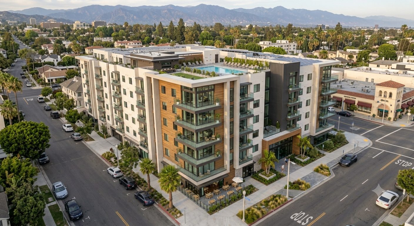 Modern multifamily apartment building at dusk