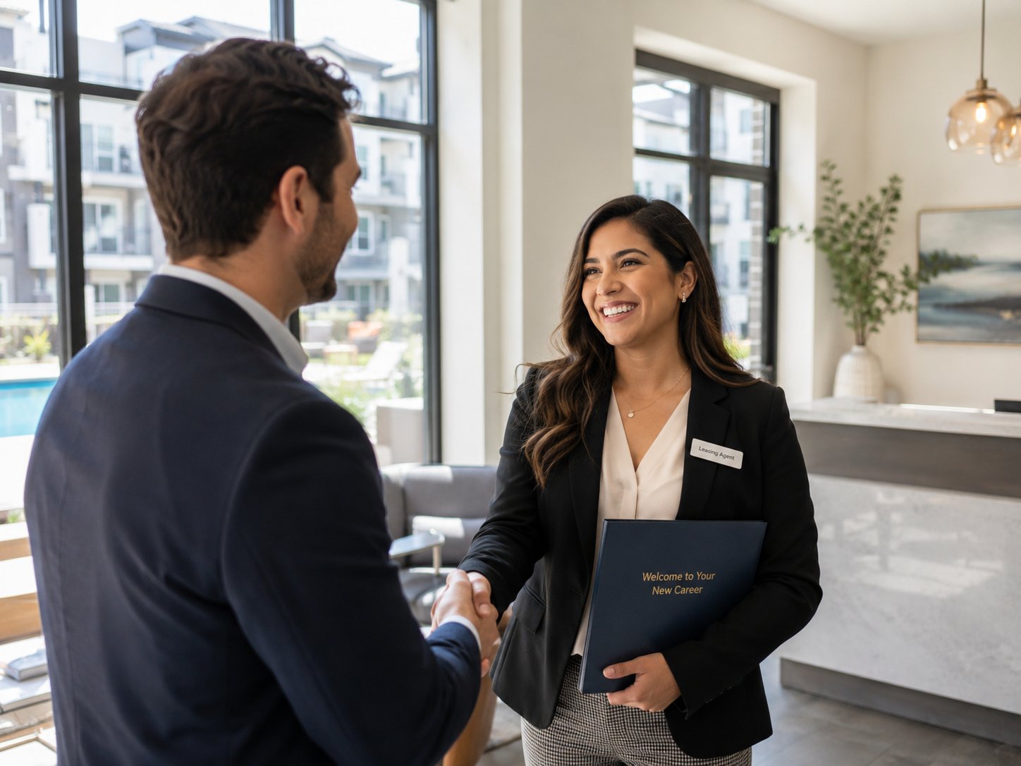New leasing consultant shaking hands after being welcomed to a new career